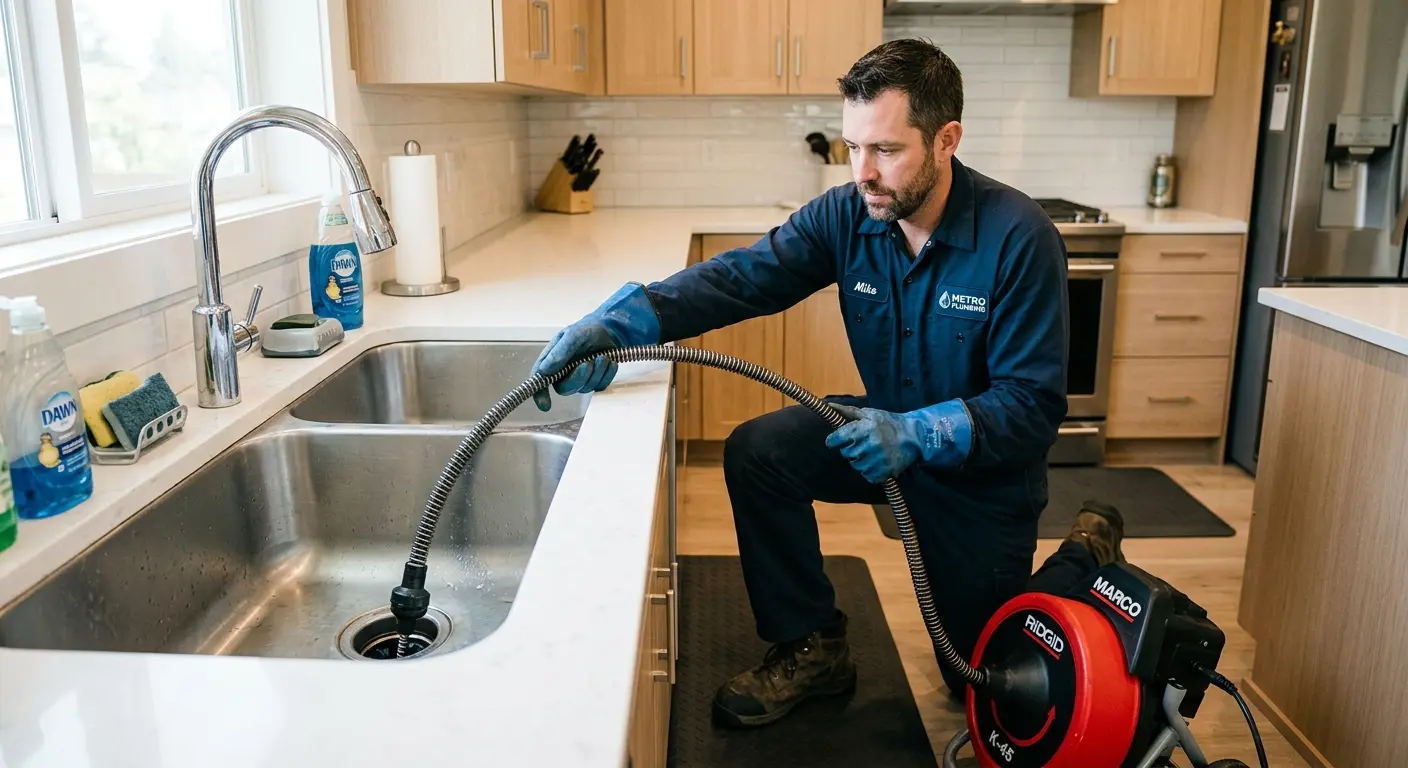 Drain cleaning technician using a motorized snake on a kitchen sink in Dry Run