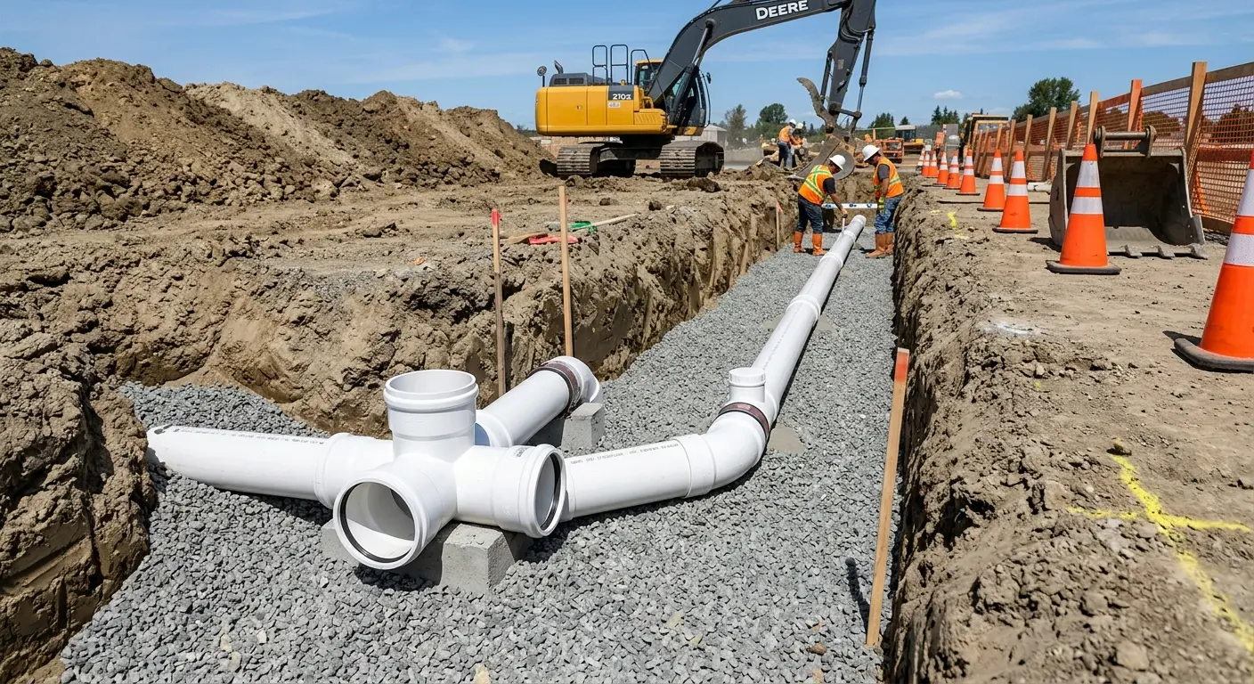New PVC sewer pipe installation in open trench for Grease Trap Cleaning in Dry Run