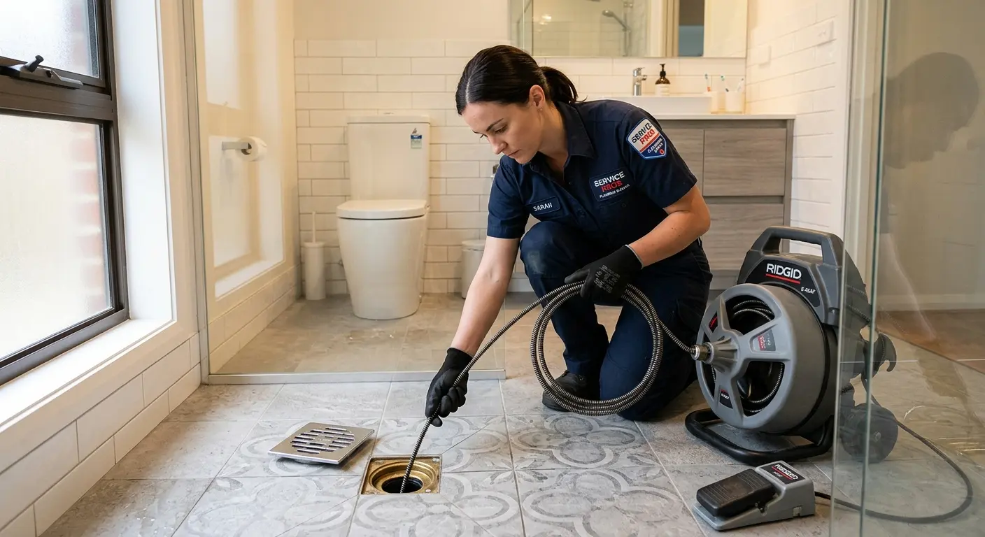 Technician clearing a bathroom floor drain for Drain Repair in Dry Run